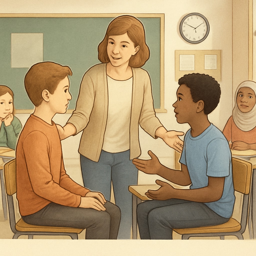A classroom scene where a teacher leads conflict resolution exercises, emphasizing emotional intelligence.