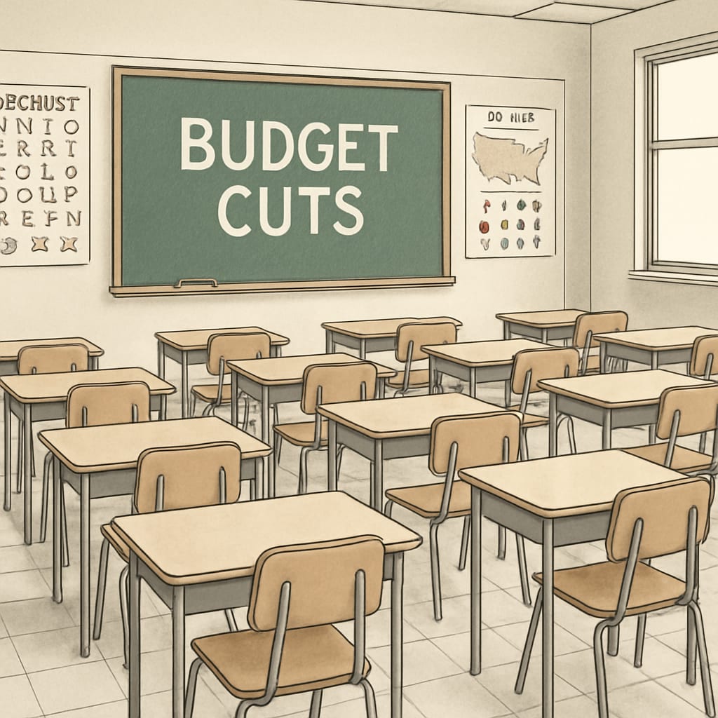 Public school classroom with empty desks due to budget cuts.