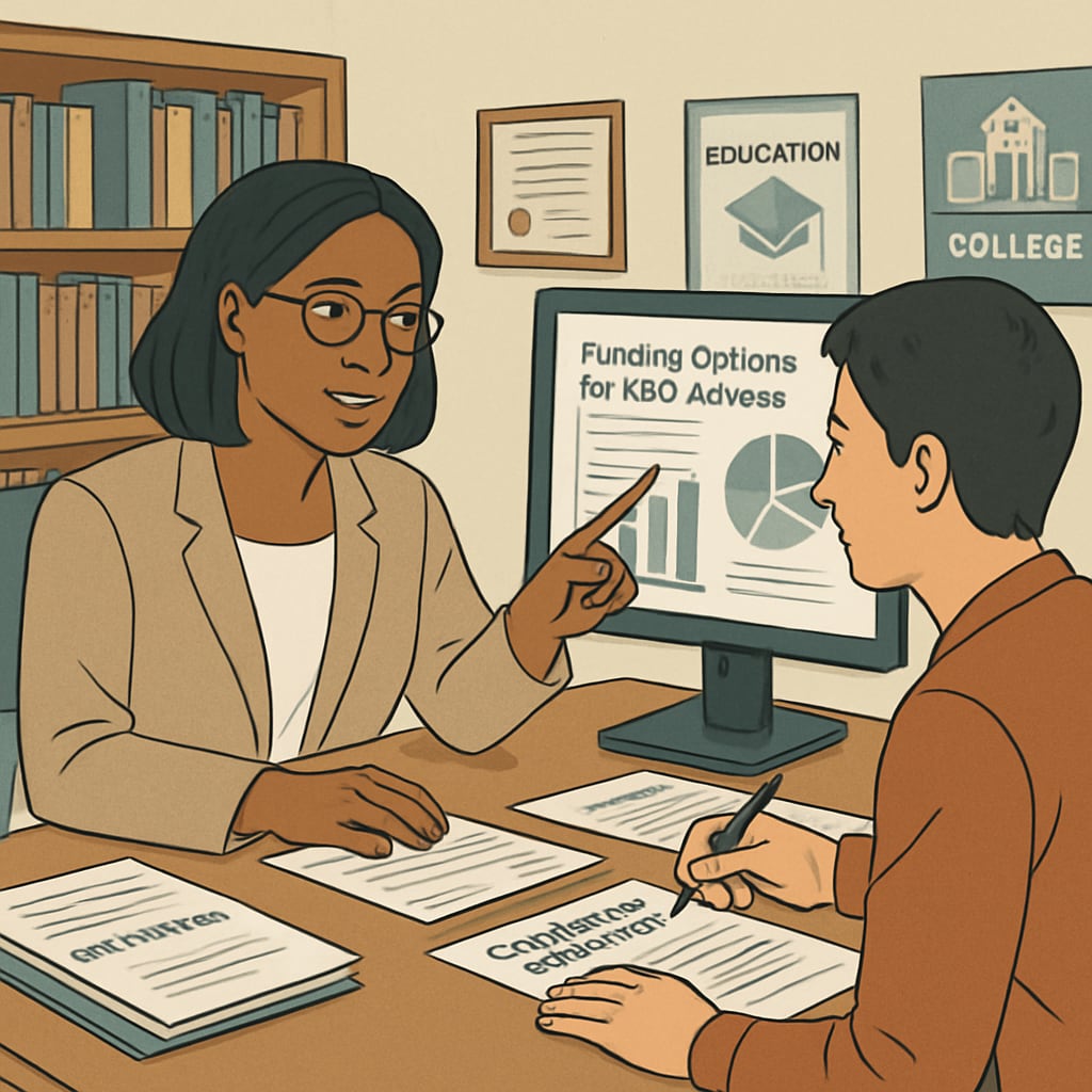 Financial aid counselor helping a GED holder apply for scholarships to afford college.