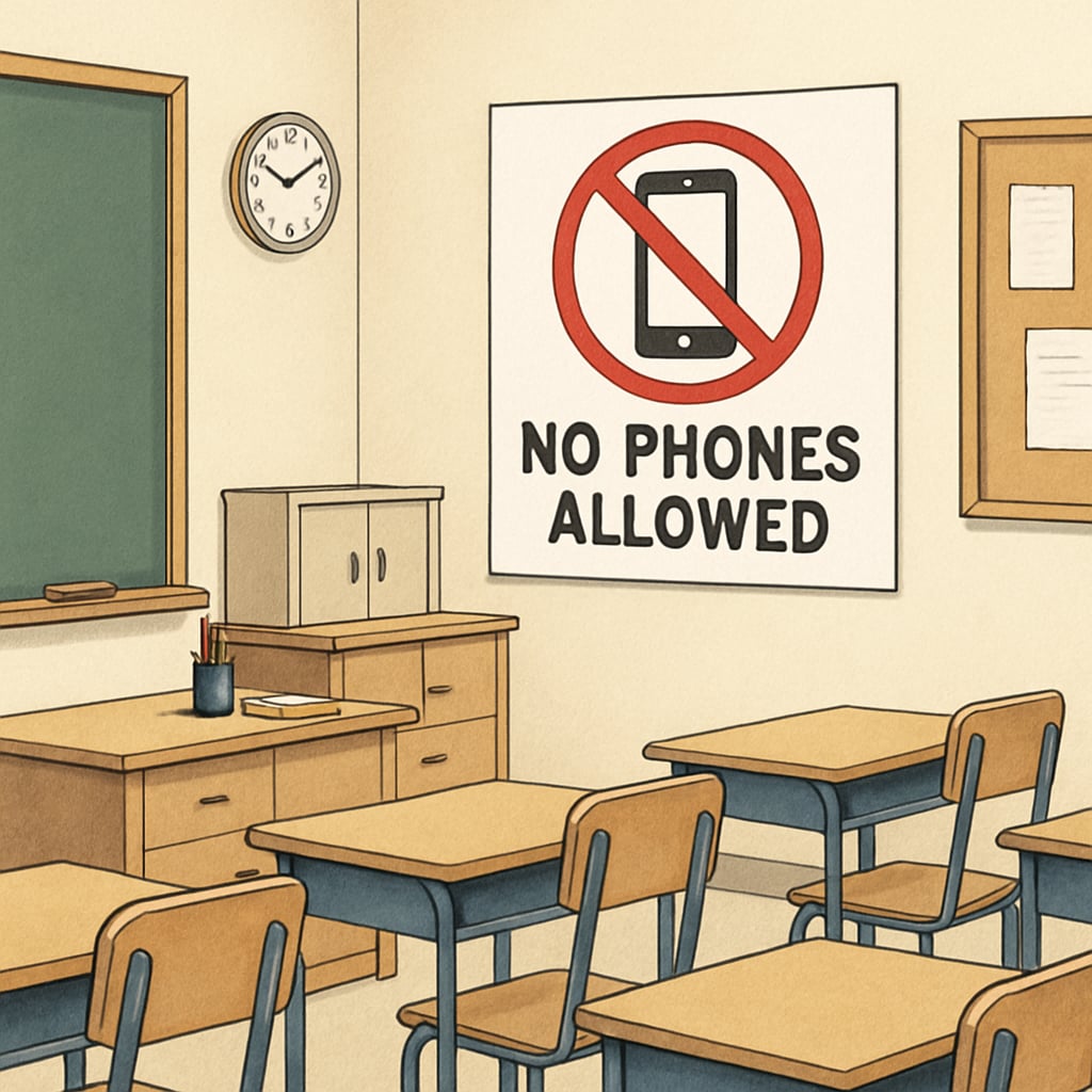 A “No Phones Allowed” sign in a classroom highlighting a phone ban policy.