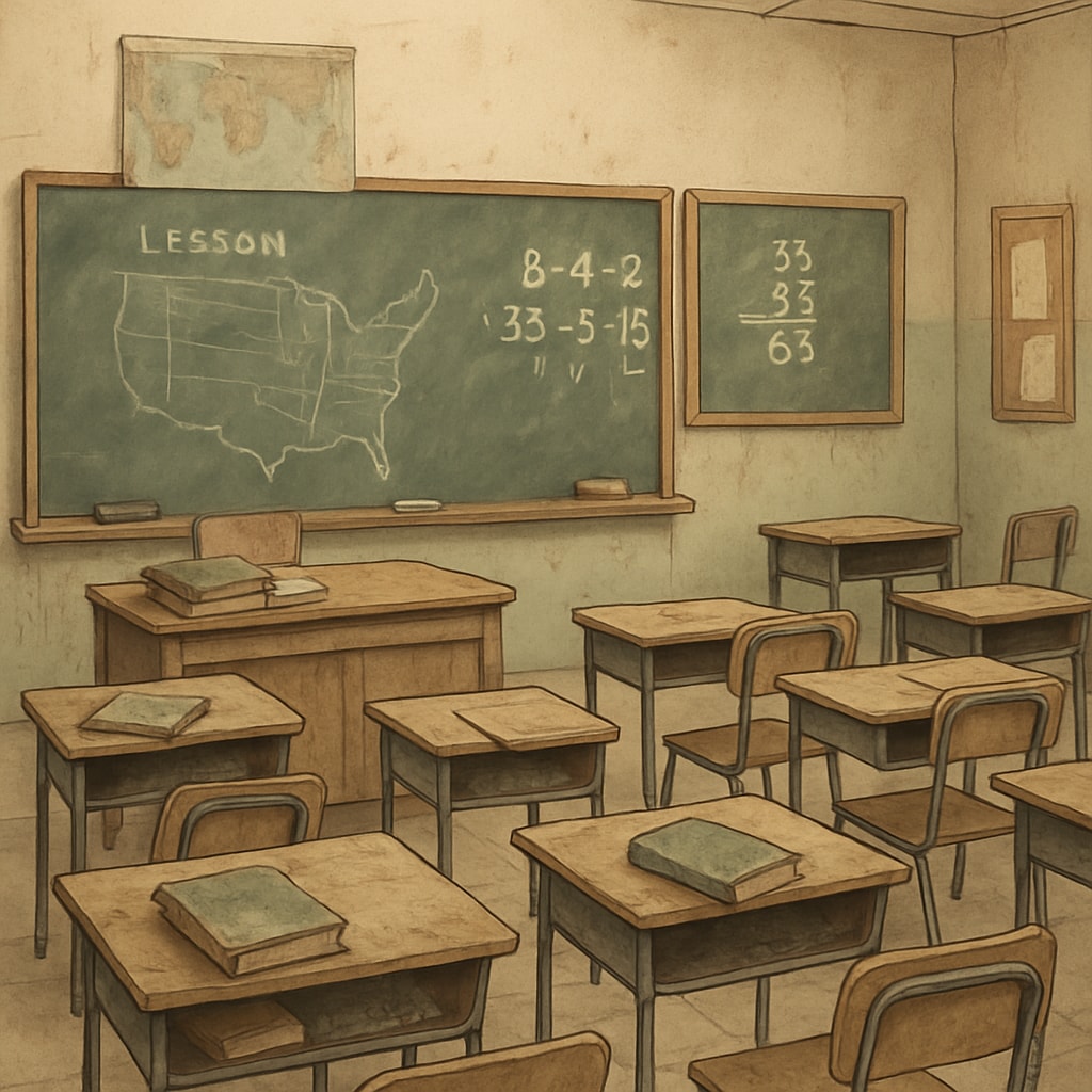Public school classroom with outdated learning materials.