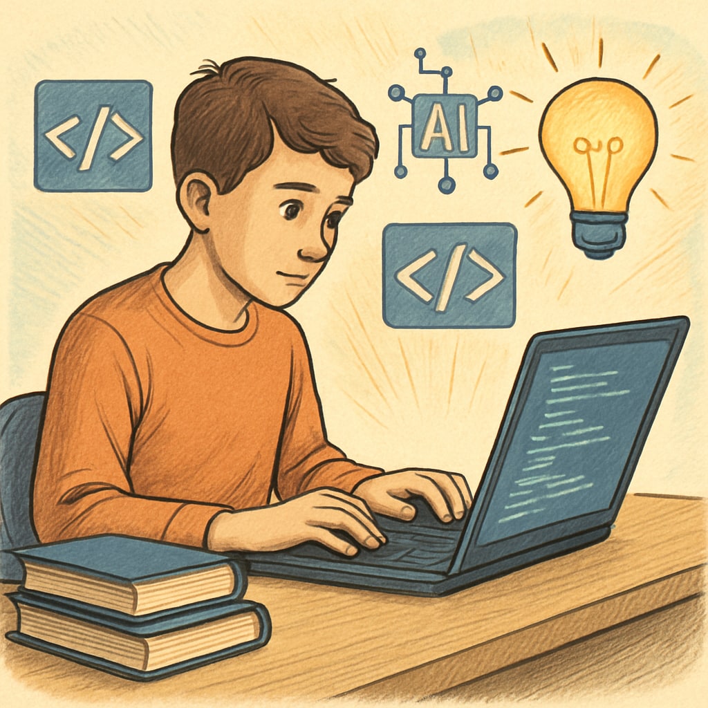 Middle school student coding on a laptop, exploring programming in the AI era