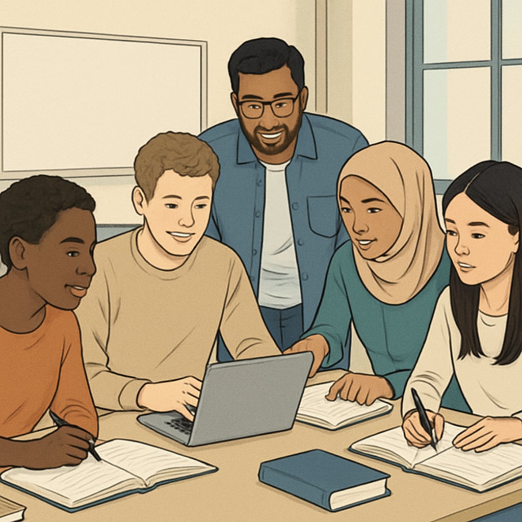 A diverse group of international students studying together in an English-taught university classroom. The image depicts collaboration and multiculturalism in an academic setting. International students studying in an English-taught university classroom.