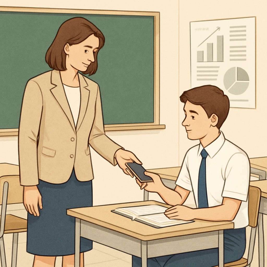 A teacher taking a student’s mobile phone during a lesson as part of a ban policy.