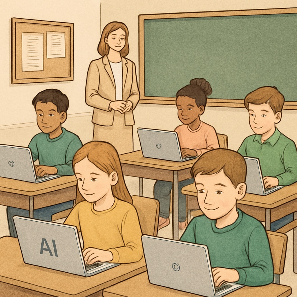 A classroom setting with students using laptops for assignments, highlighting the use of AI tools in education. Classroom students using laptops for assignments with AI tools