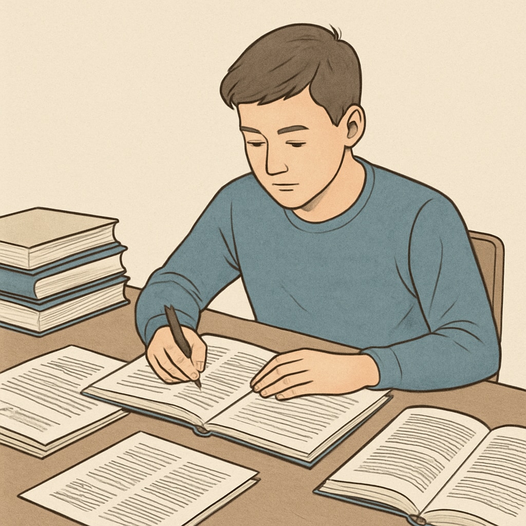 A student reviewing academic journals and taking notes in preparation for an English-taught university assignment. The image highlights academic skill development and research focus. Student preparing for assignments in an English-taught university environment.