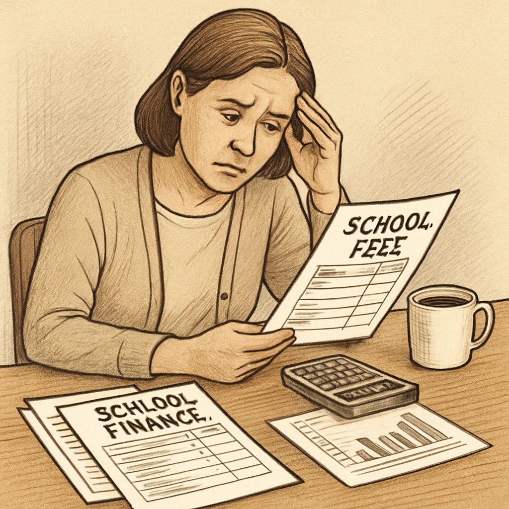 A concerned parent reviewing school financial documents while considering options. Parent reviewing unpaid school balances and considering transcript access options.