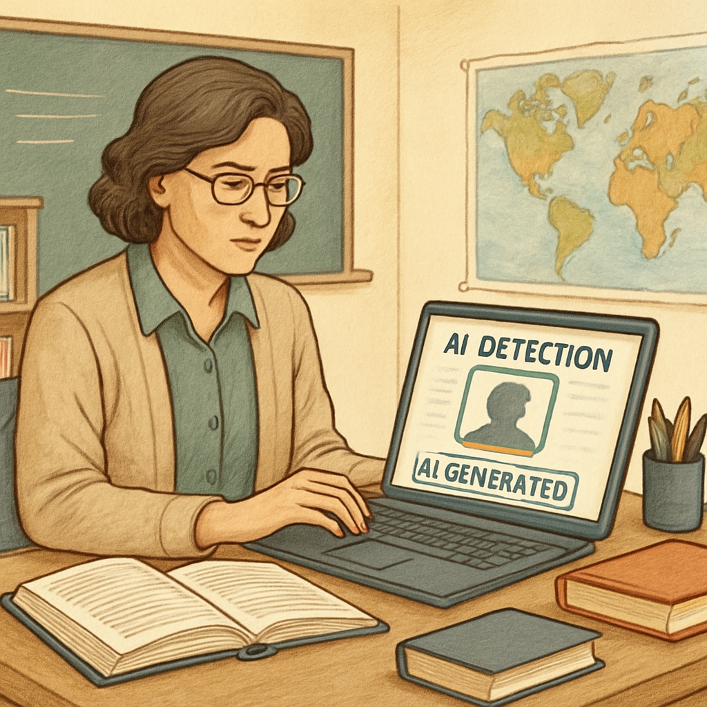An educator using AI-detection software on a laptop, symbolizing efforts to maintain academic integrity. Educator analyzing work with AI-detection software to ensure academic integrity