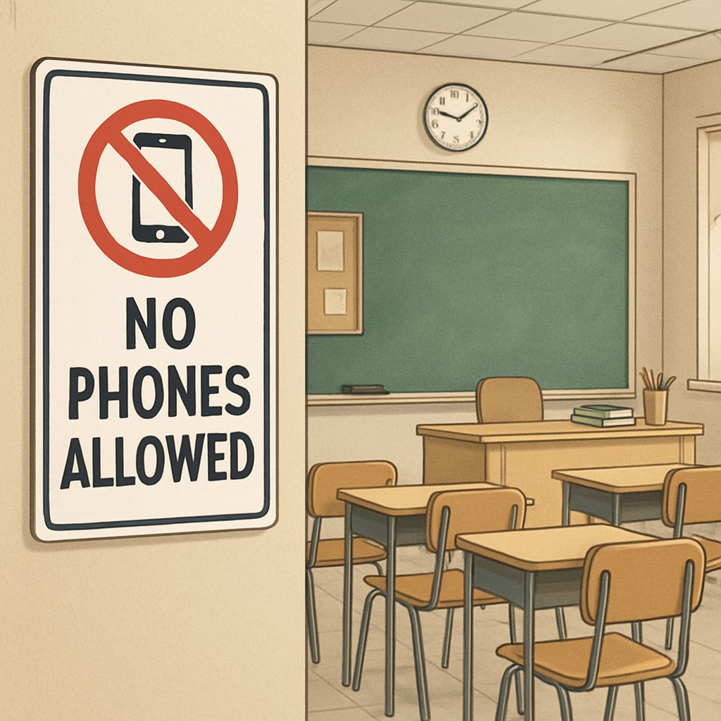 A classroom with a sign stating School phone ban policy sign in a classroom