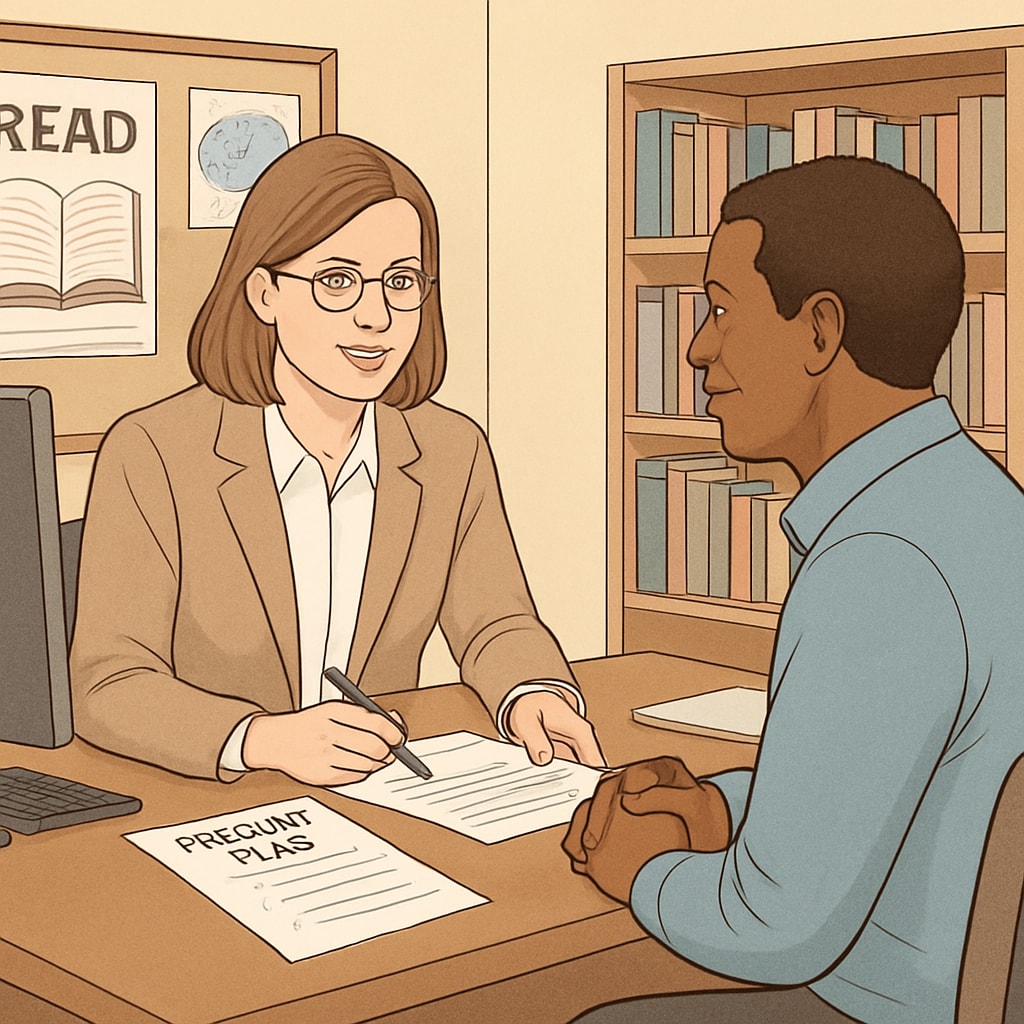 A school administrator discussing payment plans with a parent in a professional setting. Parent and school administrator negotiating transcript access amidst unpaid balances.