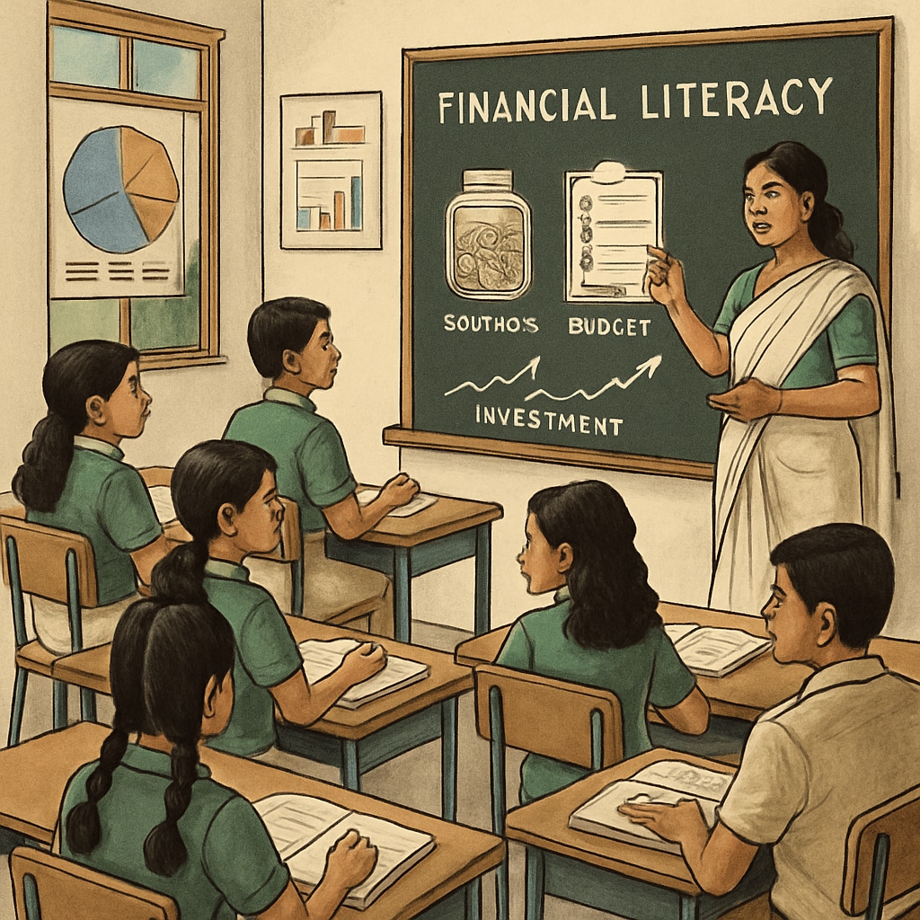 A classroom in Kerala with students engaged in learning financial concepts, showcasing how K12 education integrates modern financial literacy programs. Kerala students learning financial concepts as part of a K12 program linked to CMA USA career planning.