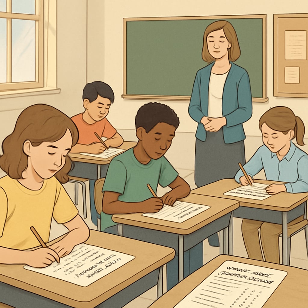A classroom setting with students filling out surveys about their learning methods. Students in a classroom participating in a survey on effective learning methods.