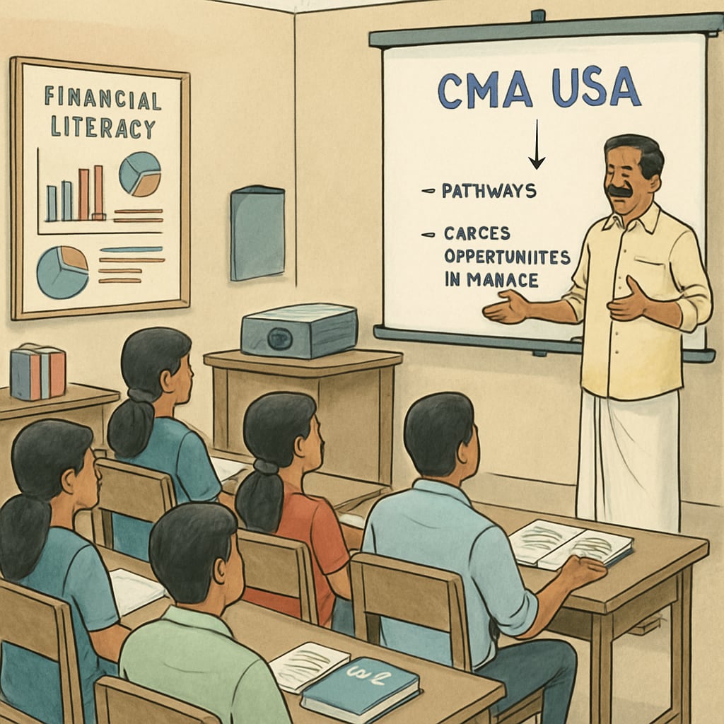 Students attending a financial literacy workshop in Kerala, learning about CMA USA pathways and career opportunities in finance. Kerala workshop on financial literacy and CMA USA preparation for K12 students.