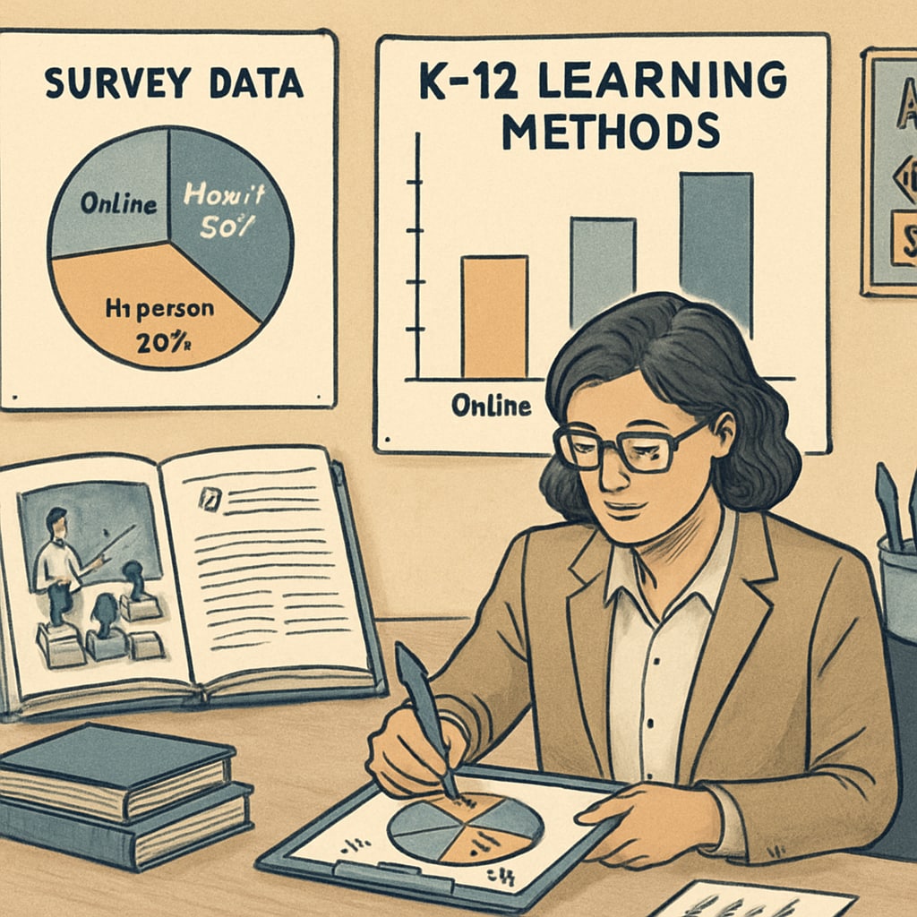 A researcher analyzing survey data to uncover trends in K12 learning methods. Researcher studying data from a survey on K12 education learning methods.