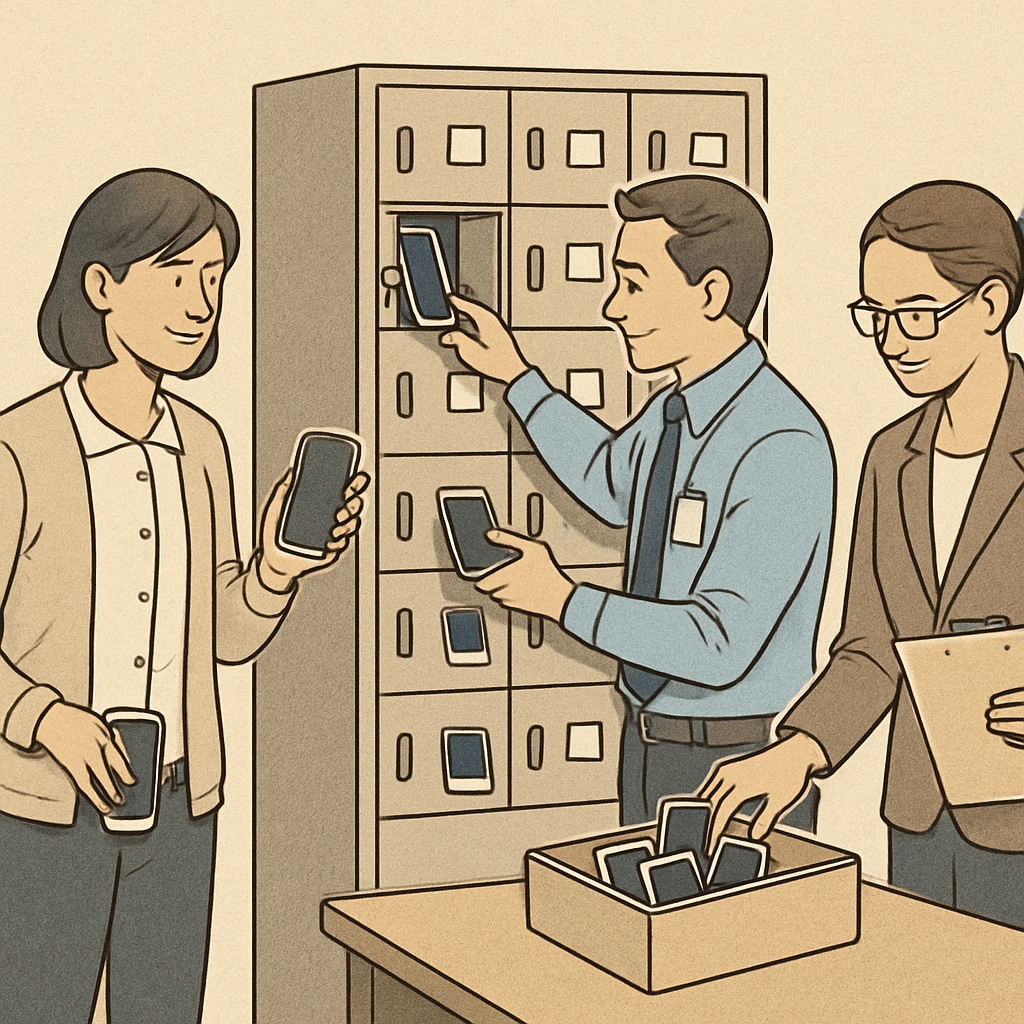 School staff collecting phones in lockers, demonstrating enforcement of phone bans.