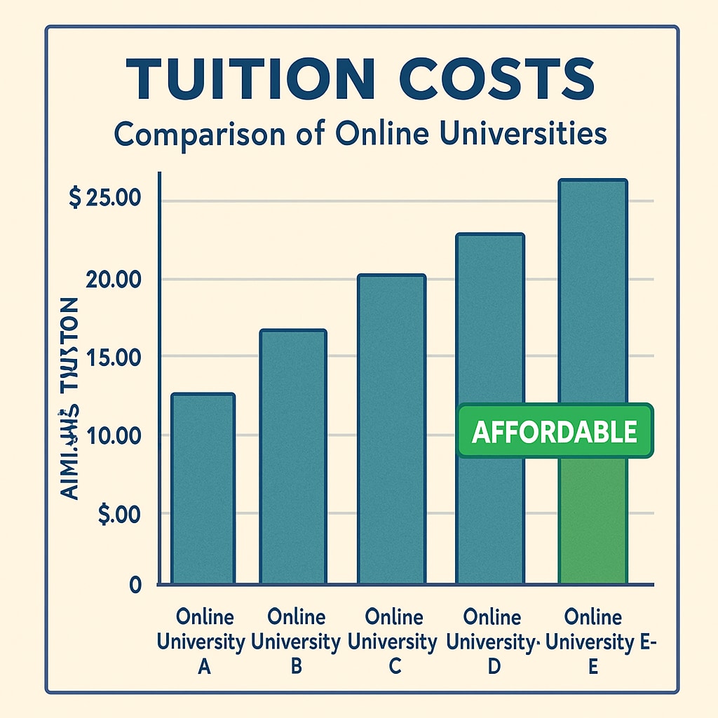 A comparison chart of tuition costs among online universities, highlighting affordability. Tuition comparison for affordable online degrees.