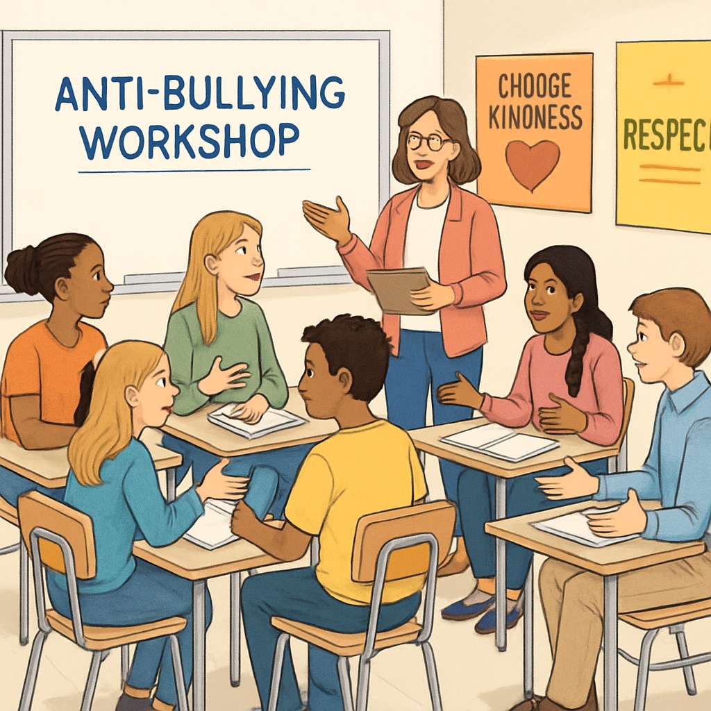 A diverse group of students participating in an anti-bullying workshop, symbolizing inclusivity and awareness. Diverse students in an anti-bullying workshop, promoting inclusivity and education.