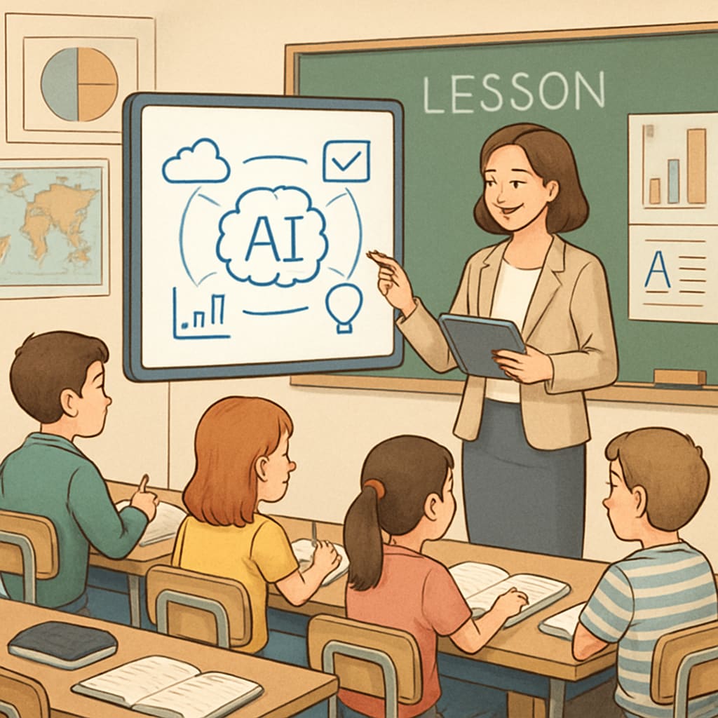 Teacher using AI education tools to help students in a classroom.