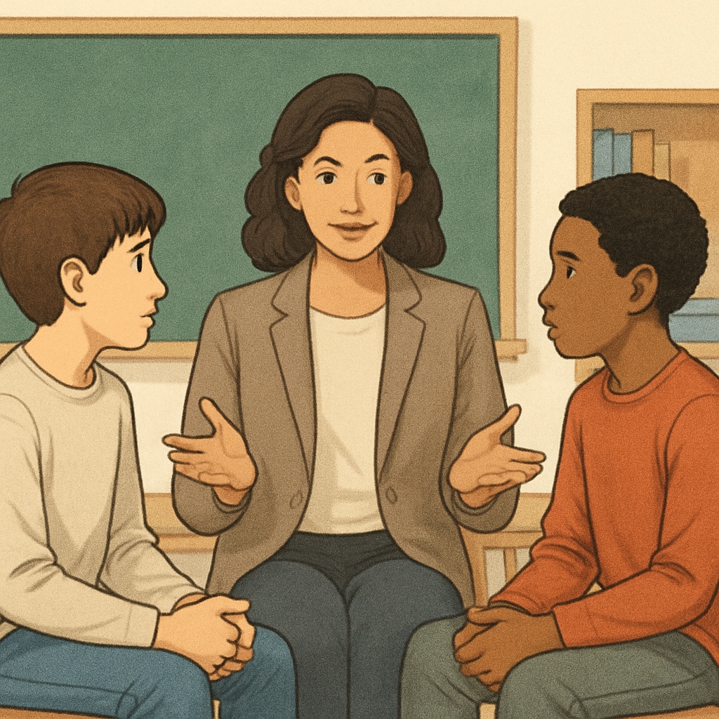 A teacher mediating a restorative conversation between two students, emphasizing resolution and understanding. Teacher guiding a restorative conversation to resolve bullying conflicts.