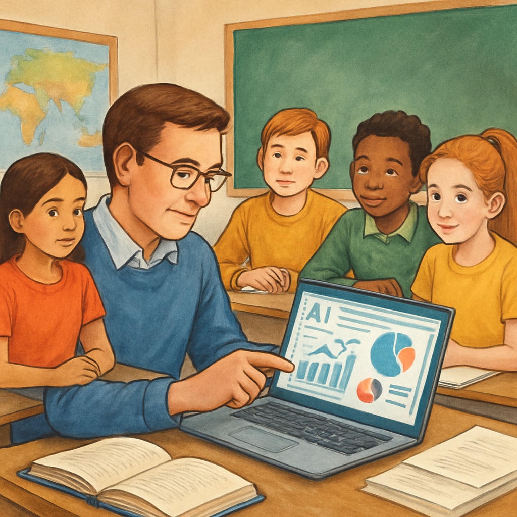 Teacher interpreting AI education data on a laptop during class.
