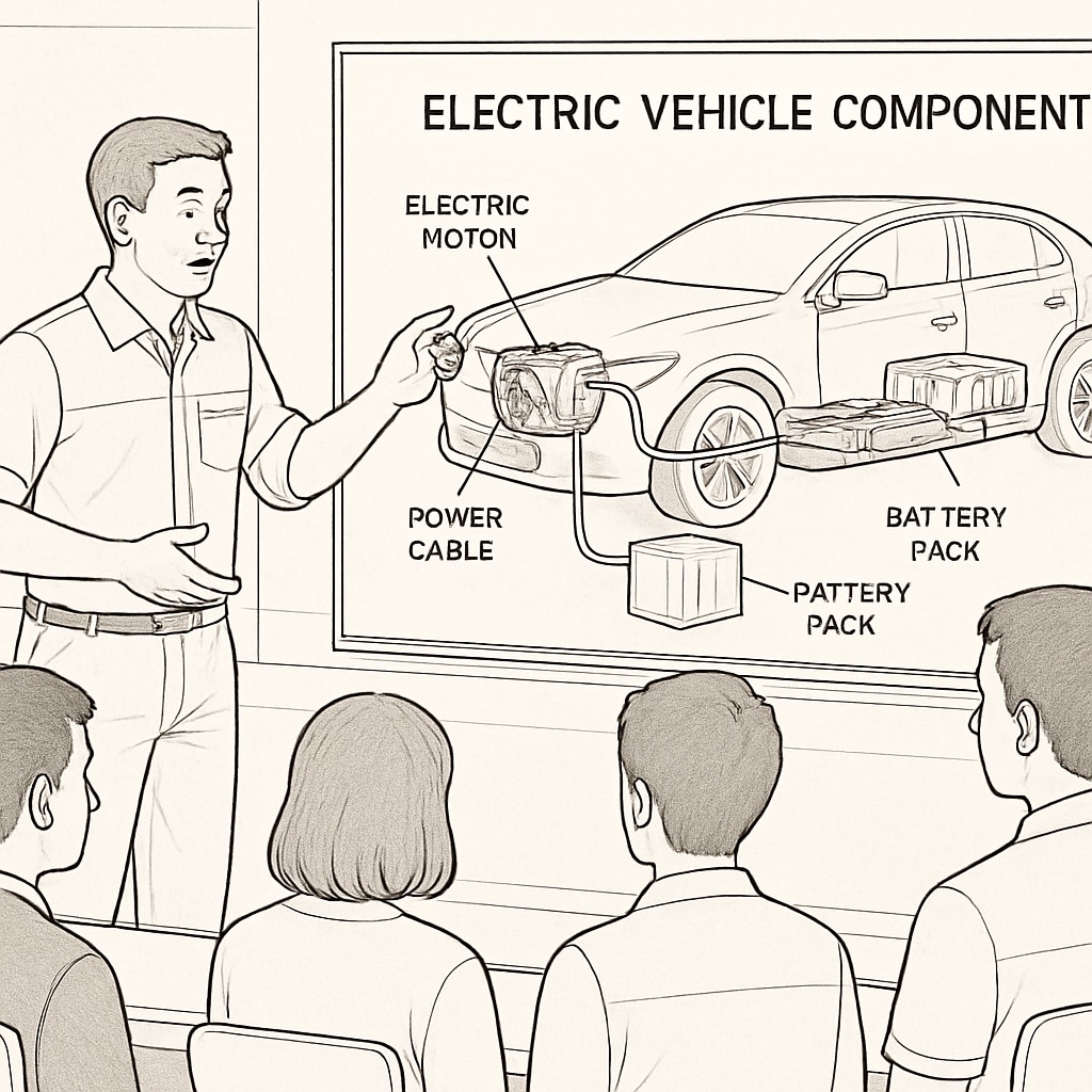 Automotive technician explaining EV components to students during hands-on training.