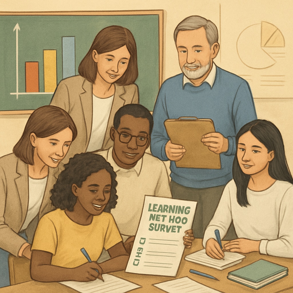 A diverse group of students and educators collaborating on a learning method survey, symbolizing collective effort and inclusivity in education research. Students and educators discussing learning methods in a survey environment