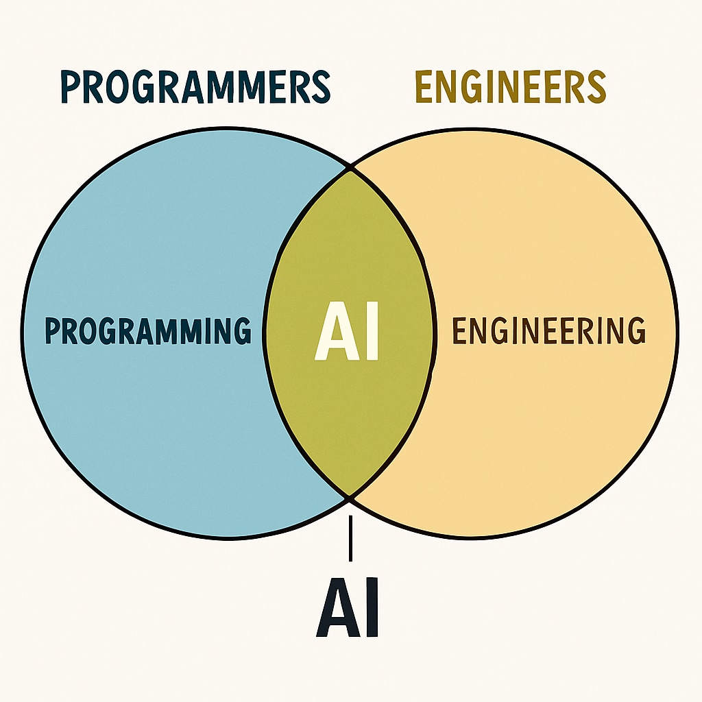 A professional diagram showing the overlapping skill sets of programmers and engineers, with AI's influence highlighted. A Venn diagram illustrating the relationship between programming, engineering, and AI in career planning.