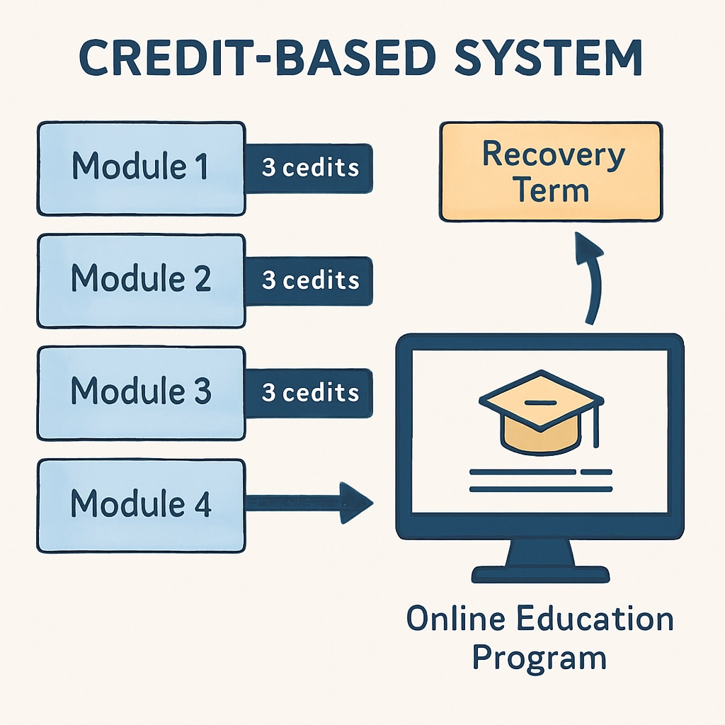 A credit-based system concept diagram illustrating modular learning and recovery opportunities in online education programs. Credit-based system diagram for online education