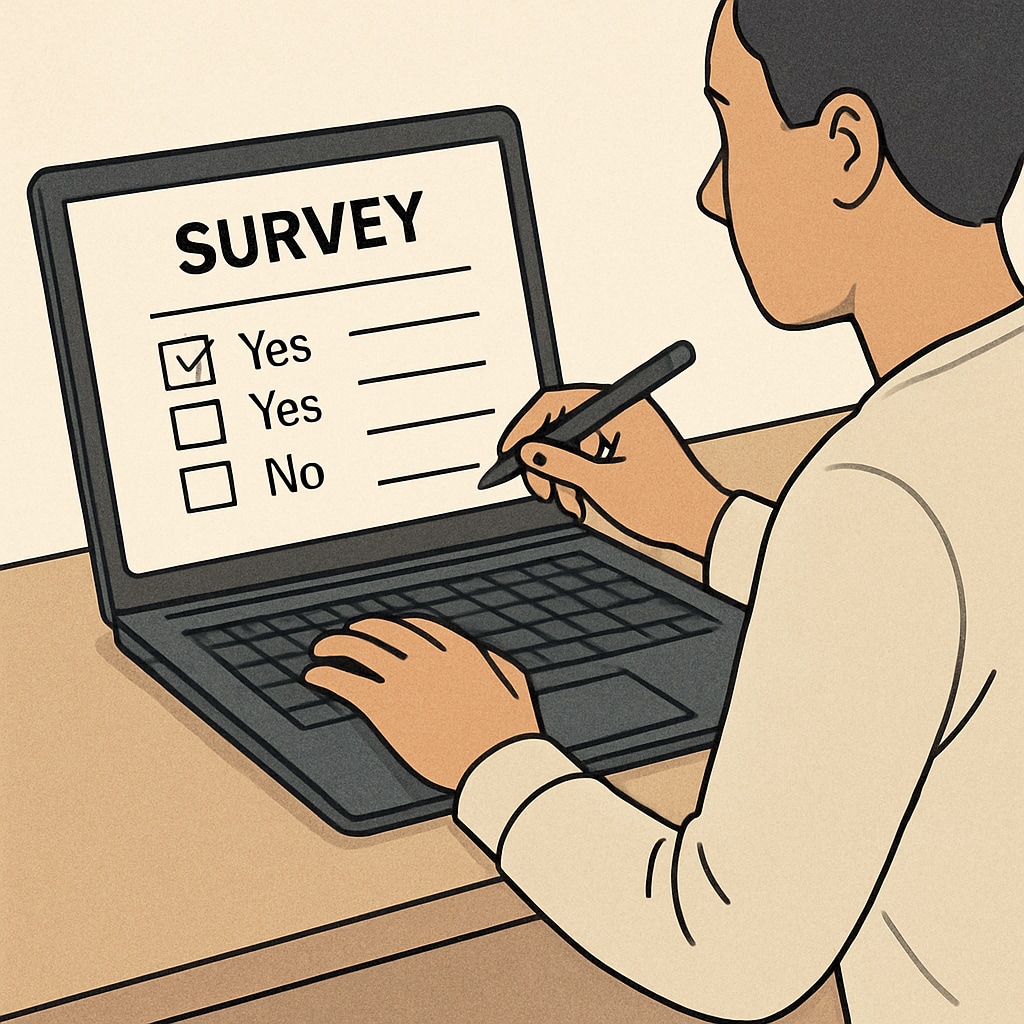Close-up of a person filling out a survey form on a laptop, emphasizing accessibility and ease of participation in educational research. A person completing a K12 learning strategies survey form digitally