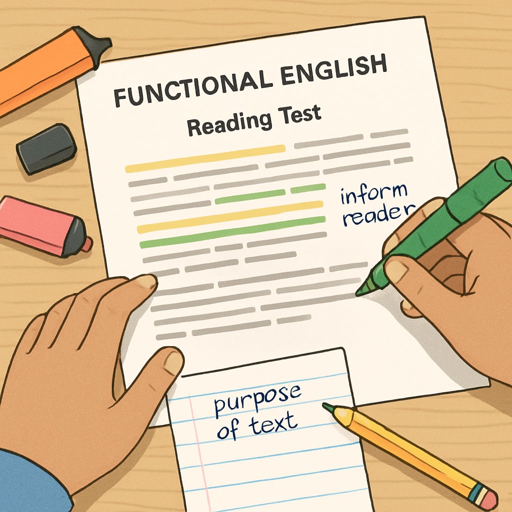 A close-up of a student analyzing a Functional English reading test. The student uses highlighters and notes to understand the text's purpose. Student analyzing Functional English reading test with notes and markers.