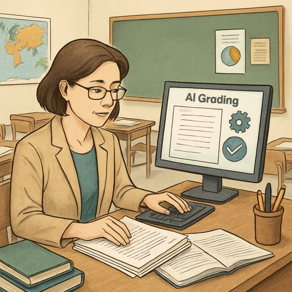 Teacher using AI tools for grading in a classroom.