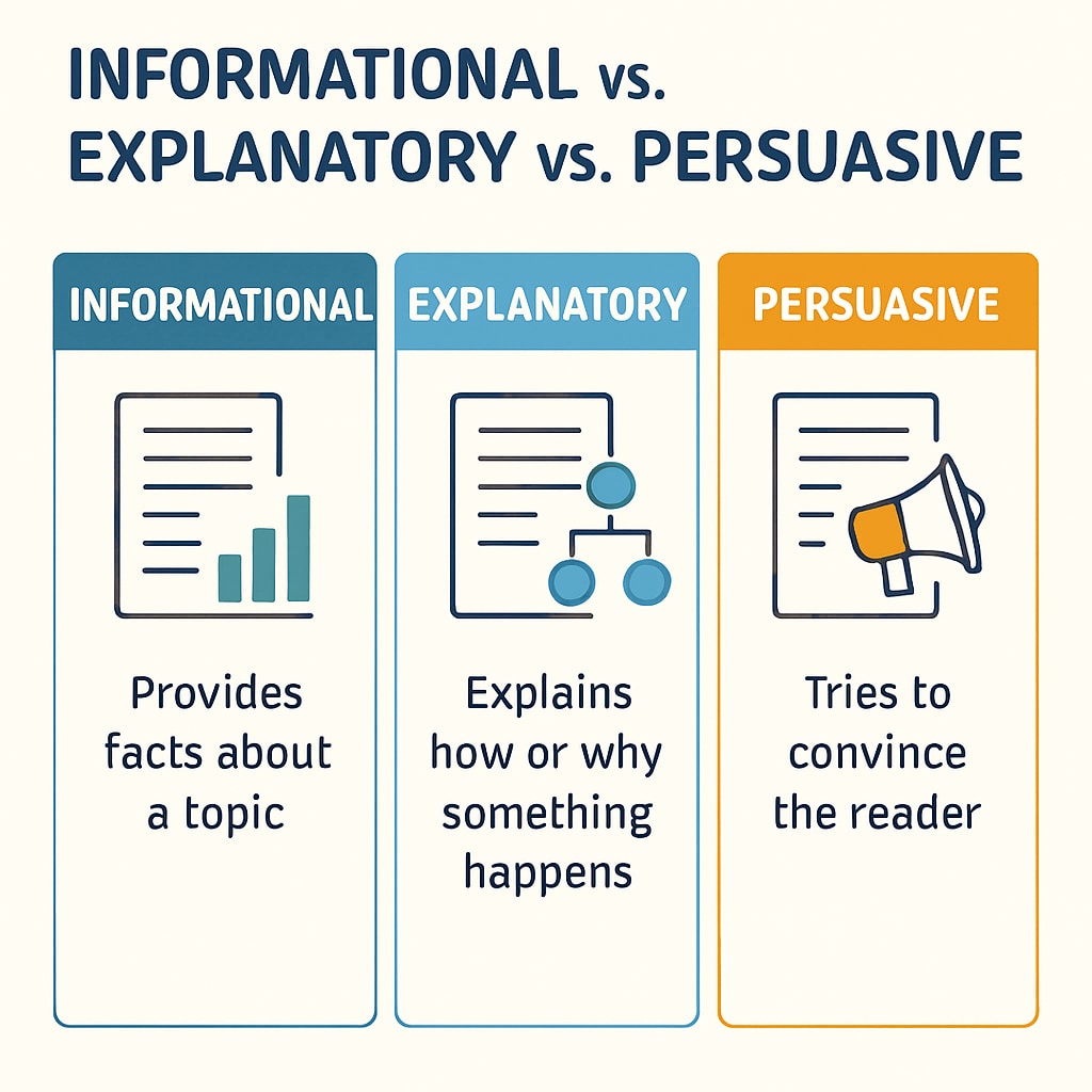 An infographic visually detailing the differences between informational, explanatory, and persuasive texts. Infographic showing differences in text purposes: informational vs explanatory vs persuasive.