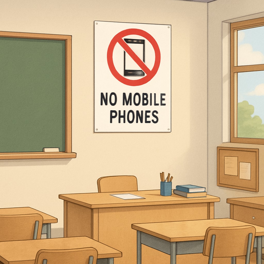 “No Mobile Phones” sign in a classroom emphasizing mobile phone bans, school safety, and education policy.