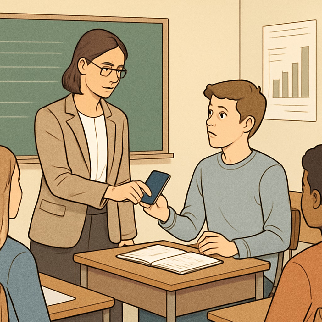 Teacher confiscating a student’s phone, reflecting the tension between school policies and student privacy.