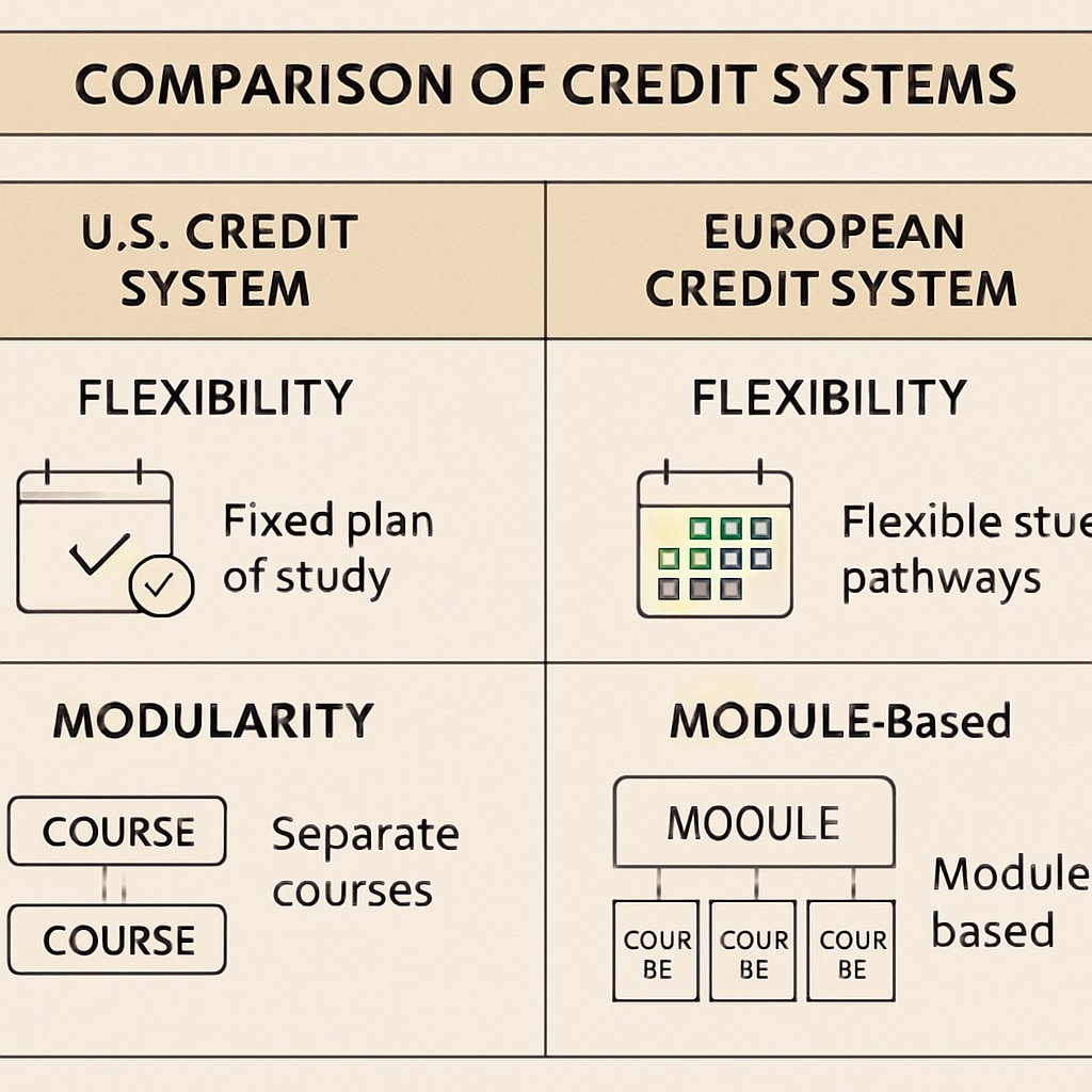 A comparison chart showing differences between U.S. and European credit systems, highlighting flexibility and modularity. A comparison chart of U.S. and European credit systems for flexible learning.