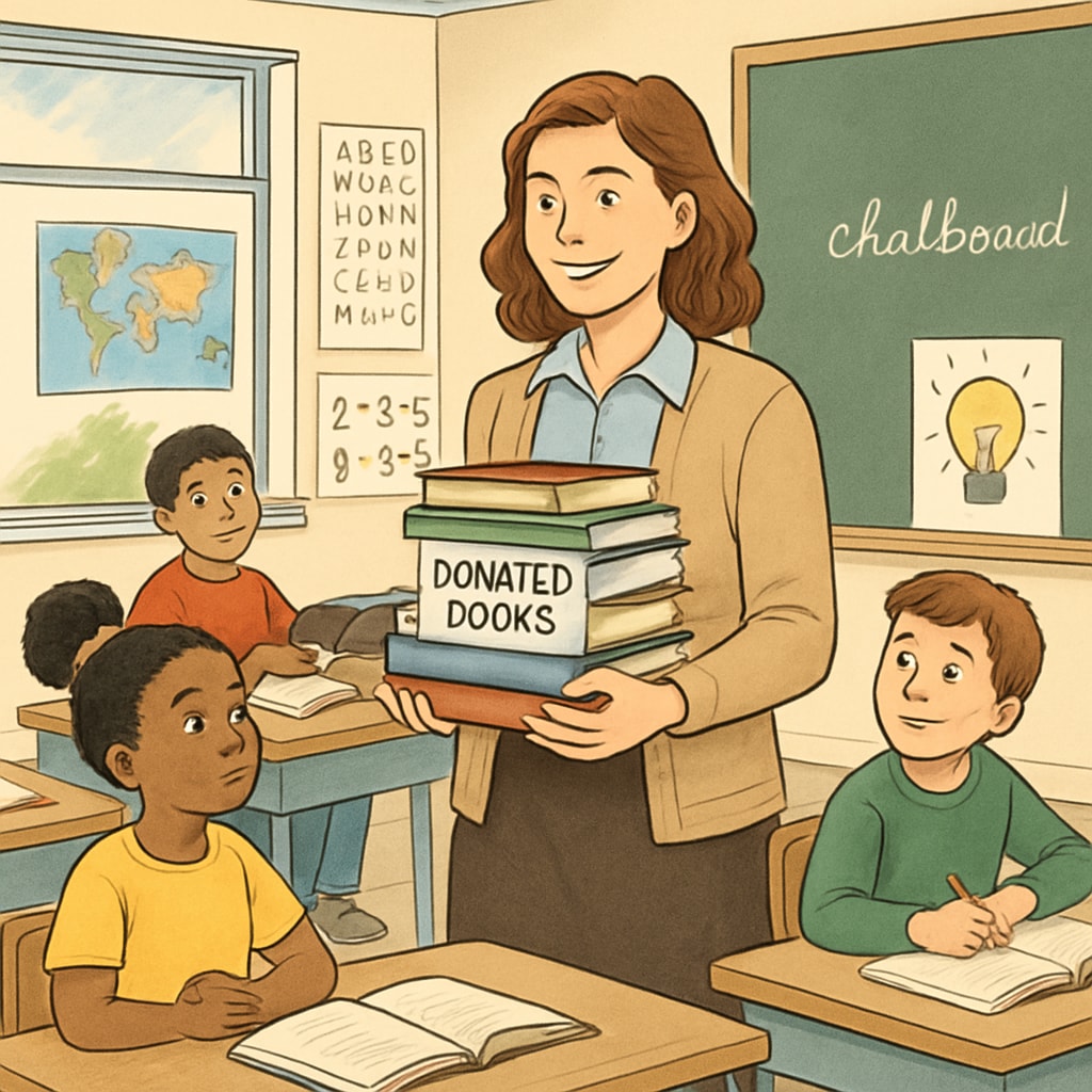 A teacher holding a stack of donated books in a classroom filled with students. Teacher receiving classroom donations to improve education resources.