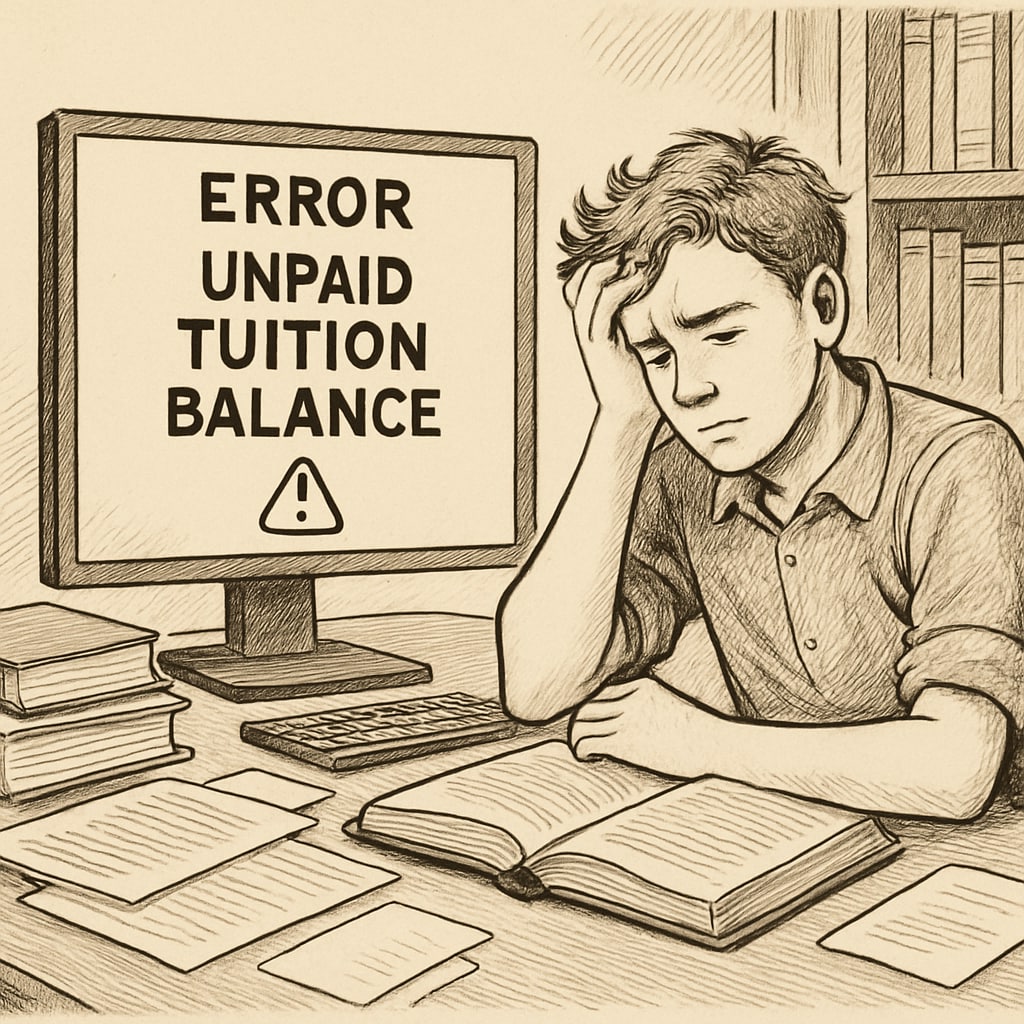 A student frustrated while attempting to access their transcript online due to unpaid tuition balances, highlighting the challenges of financial barriers in education. Student trying to access transcripts with unpaid balances for PRC exams