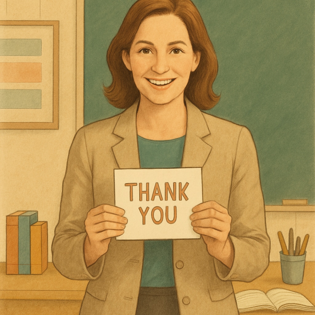 A teacher holding a thank-you card from a student, symbolizing gratitude in education. Student gratitude, teacher holding thank-you card, emotional connection in education.