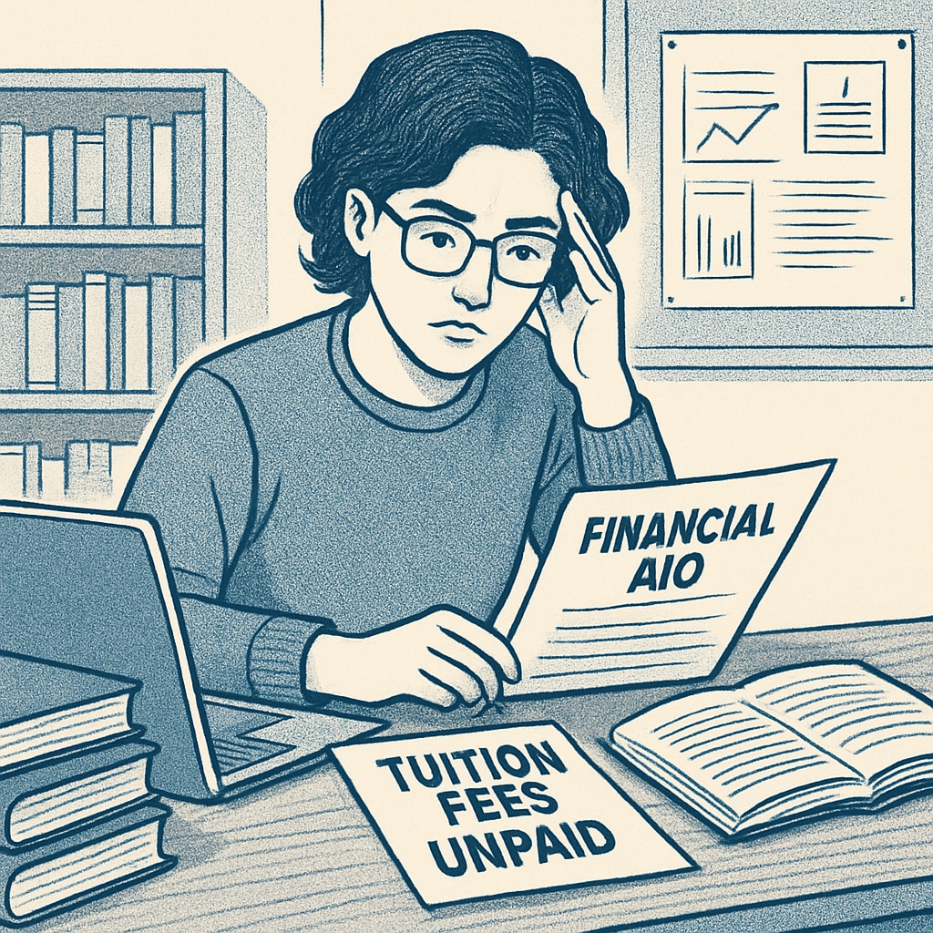 A resourceful student researching financial aid options to resolve unpaid tuition fees and overcome transcript access restrictions. Student looking for financial solutions to access PRC-related transcripts