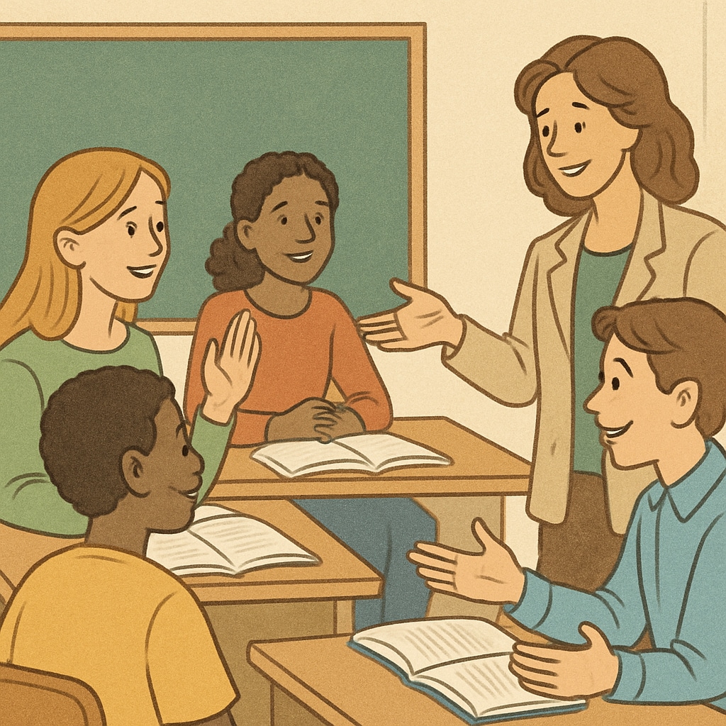 A classroom discussion where students and teachers are actively engaging, highlighting mutual respect and emotional connections. Teacher-student interaction, classroom discussion, emotional connection in education.