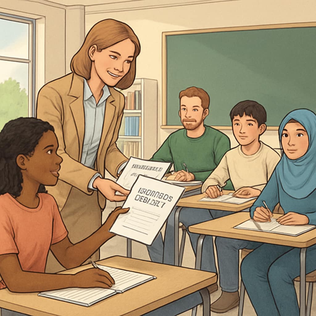 A teacher distributing research surveys to a diverse group of students in a classroom setting. A teacher handing out research surveys to students to explore effective learning methods.