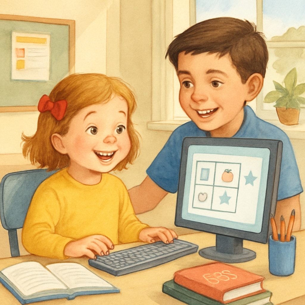 Kindergarten and fourth-grade students collaborating on a computer-based educational project