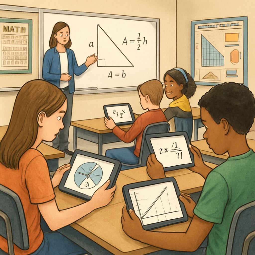 High school students using tablets in a math lesson