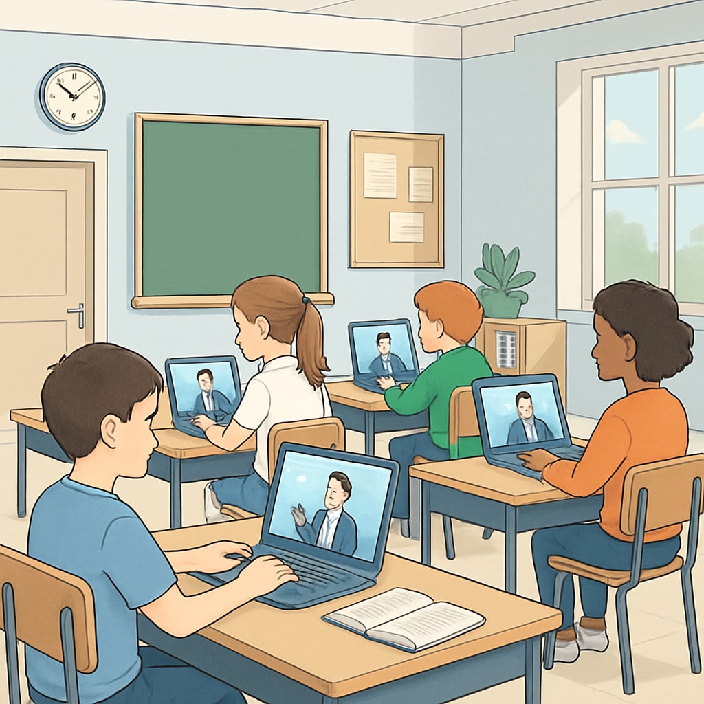 A classroom setting with students using laptops for online learning to symbolize personalized education. Students using laptops to engage in personalized education in an online classroom.