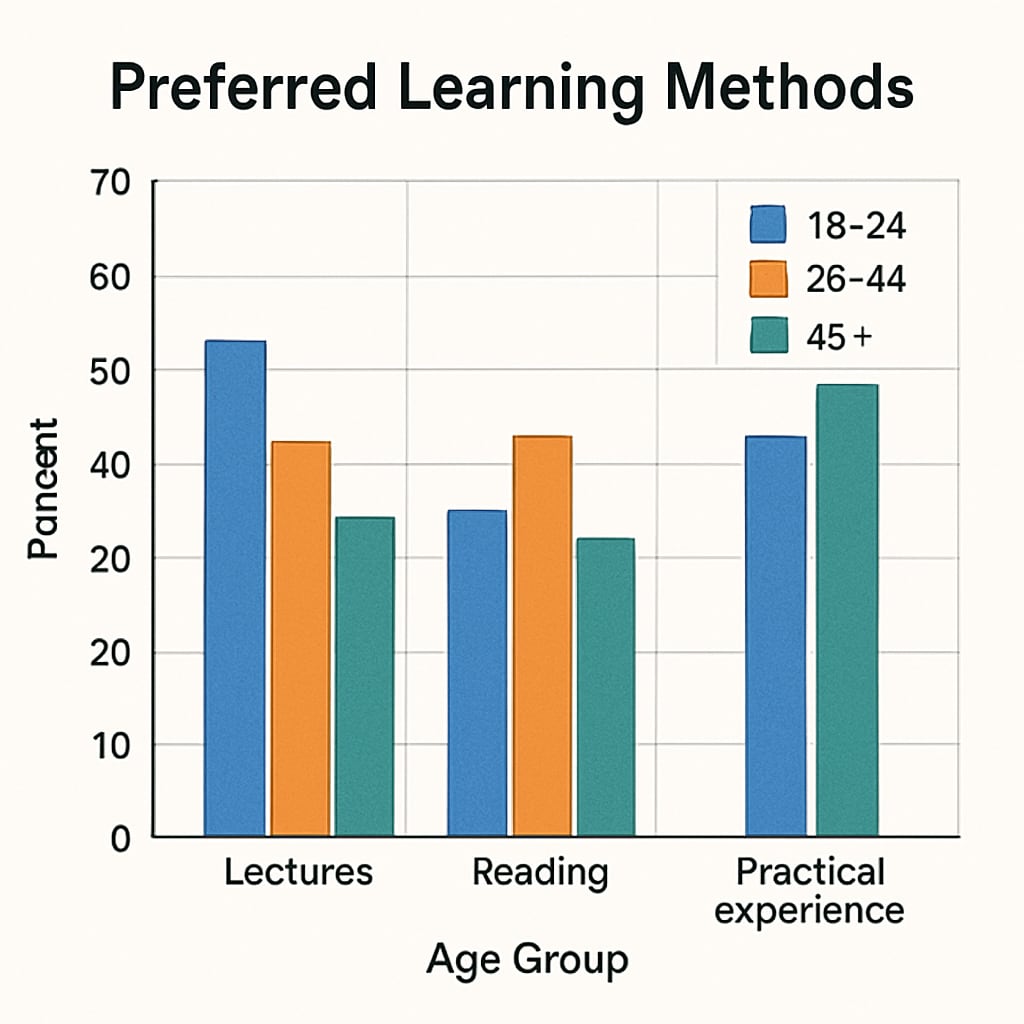 A bar chart showing survey results on preferred learning methods across different age groups. A bar chart illustrating survey results on K12 student learning preferences.