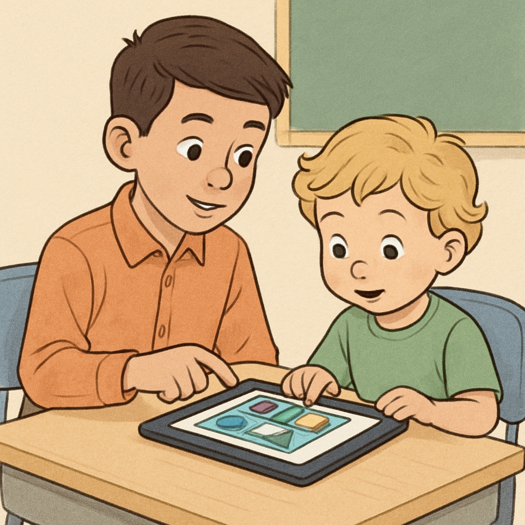 A fourth-grade student assisting a kindergarten child with an educational game on a tablet