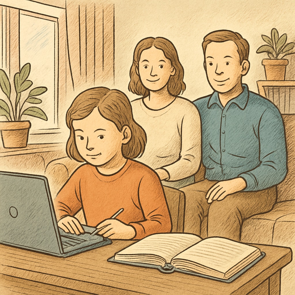 A family sitting together at home, with a child studying on a laptop to represent the flexibility of online education. Family at home supporting their child studying on a laptop through flexible online education.