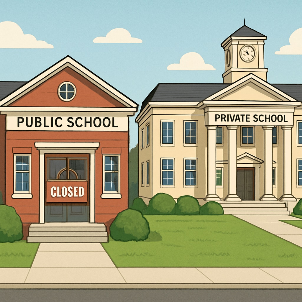 A conceptual image depicting a public school with a Public school closure juxtaposed with a thriving private institution, illustrating education funding shifts.