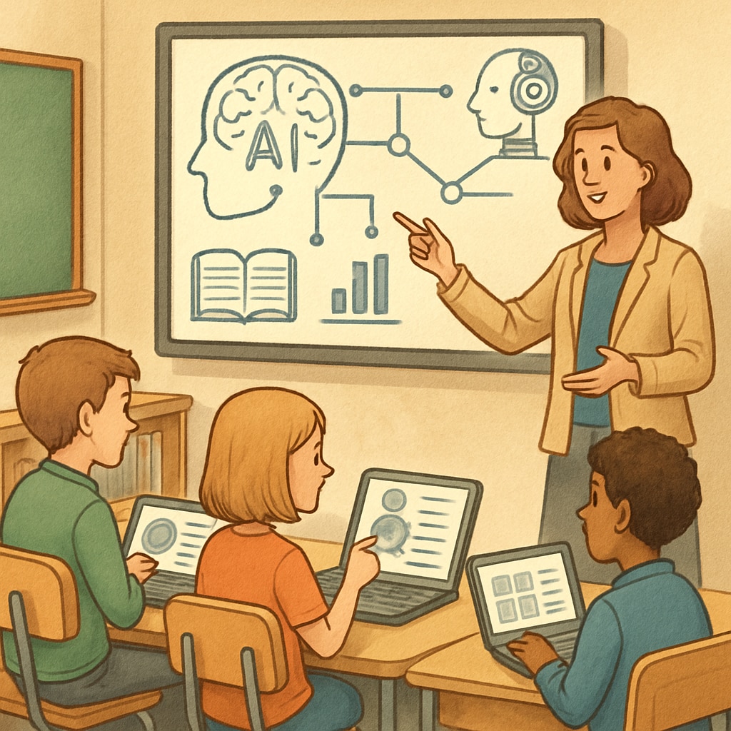 AI-powered classroom with teacher and students using interactive tools.