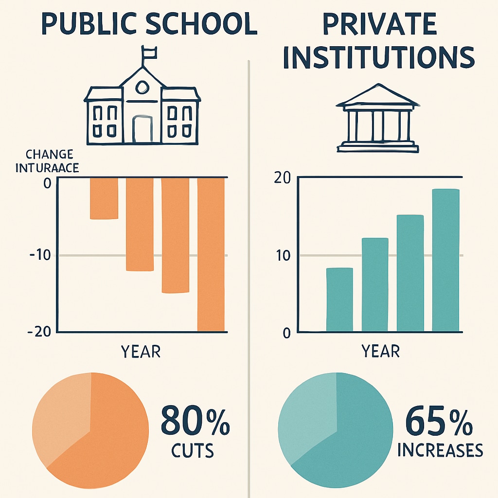 An infographic comparing public school funding cuts to increases in private institution funding over the last decade. Infographic showing public school budget decreases and private funding increases, highlighting the impact of privatization.